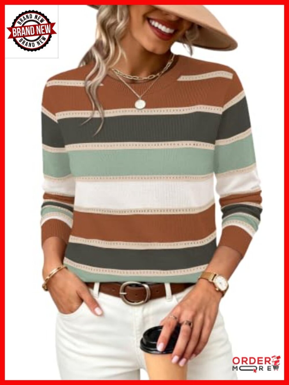 Hollow Out Knit Sweater Scoop Neck Eyelet Striped Pullover